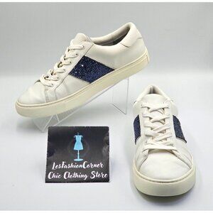 Tory Burch Women's White Leather Blue Glitter Carter Flat Sneakers Sz 11M 2661